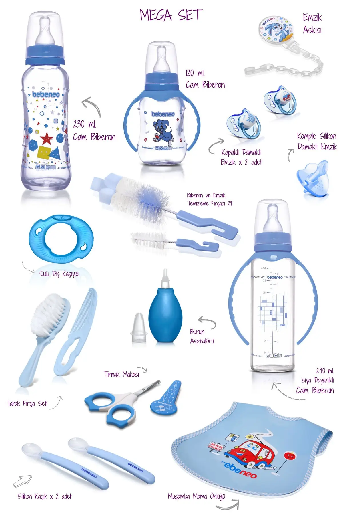 BEBENEO Mega Glass Bottle Set, Bib Silicone Spoon Pacifiers Nasal Aspirator Gift Baby Glass Bottle Set 9948 enlarge