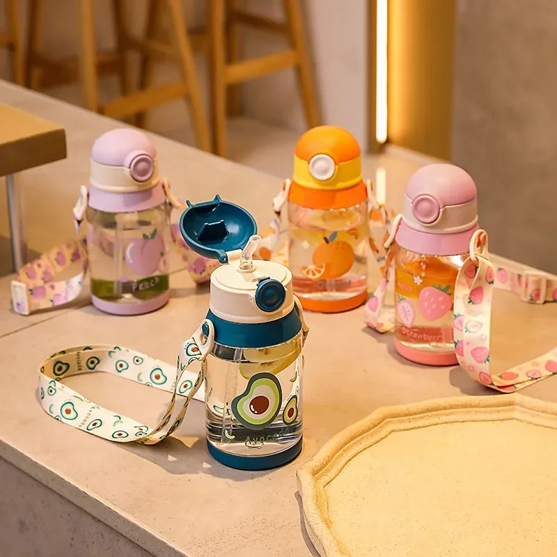

New Cartoon Fruit Transparent Straw Cup Kids Plastic Cute Water Bottle with Straw Portable Outdoor Plastic Bottle with Strap