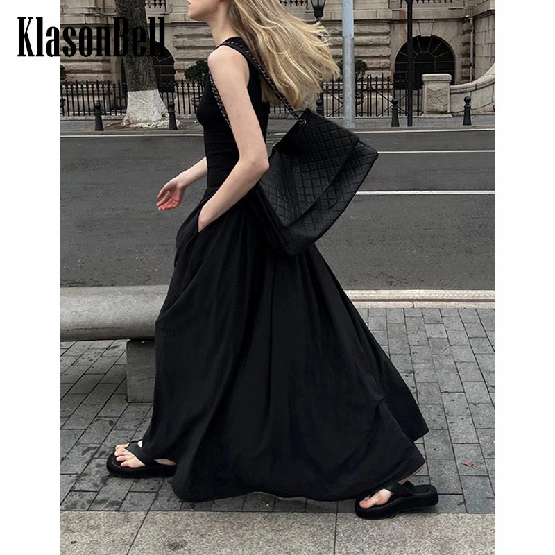 

6.1 KlasonBell Fashion Round Neck Sleeveless Collect Waist Maxi Dress Women