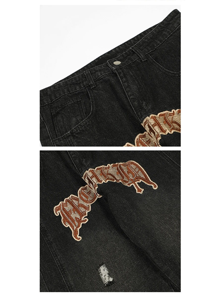 Fashion Brand Embroidered Letters Y2k Men Jeans Street Side Buttons Loose Wide Leg Long Pants Streetwear Men Jeans Pants