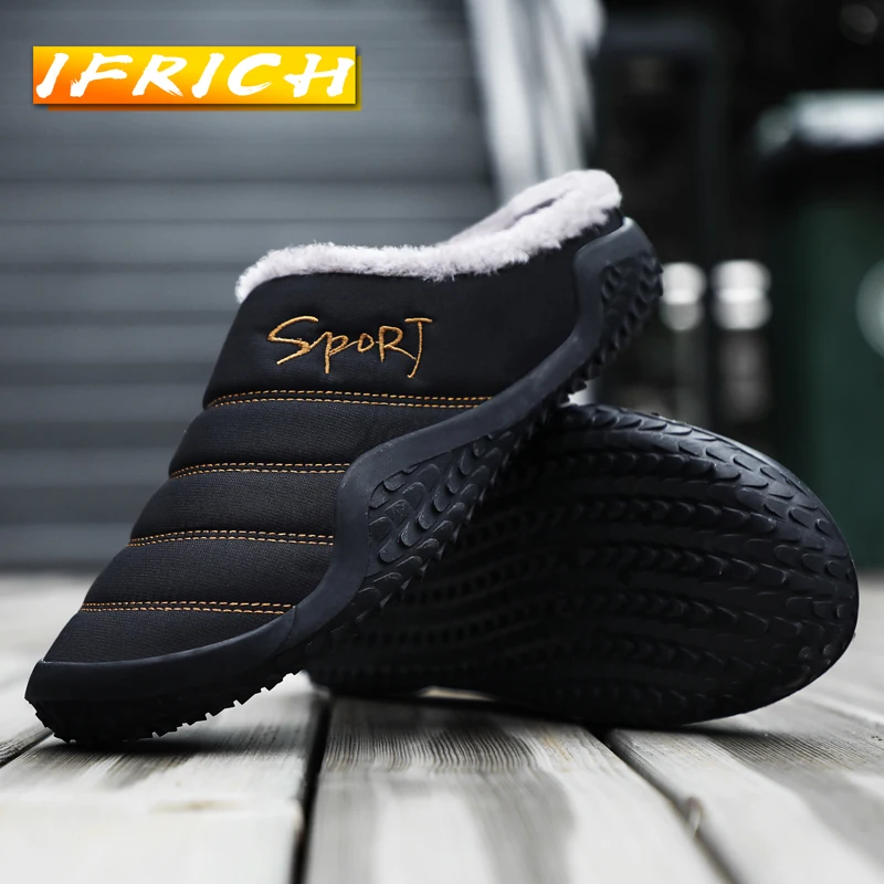 

Winter Half slippers Men Plus Velvet Mens Outdoor Slippers Black Blue Half Drag Casual Shoes Brand Fashion Soft Home Slippers