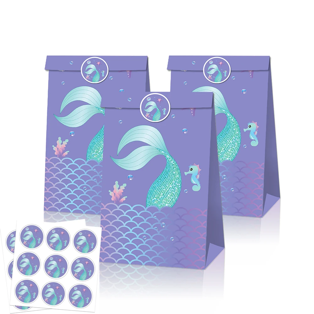 

LB101 12Pcs Kids Cartoon Sea Animals Mermaid Birthday Party Candy Biscuit Pack Kraft Paper Gift Bags Baby Shower Party Decors