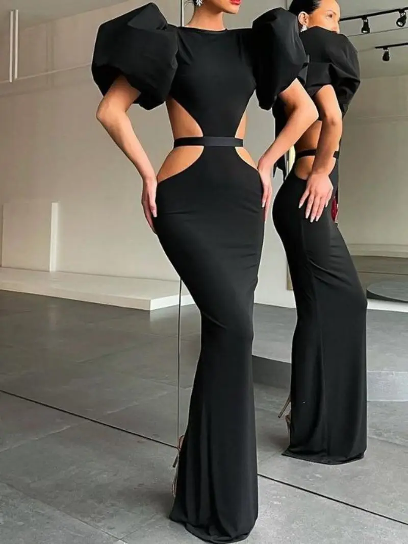 2022 new open back bow tie sexy long skirt bubble sleeve banquet evening dress hip slim dress