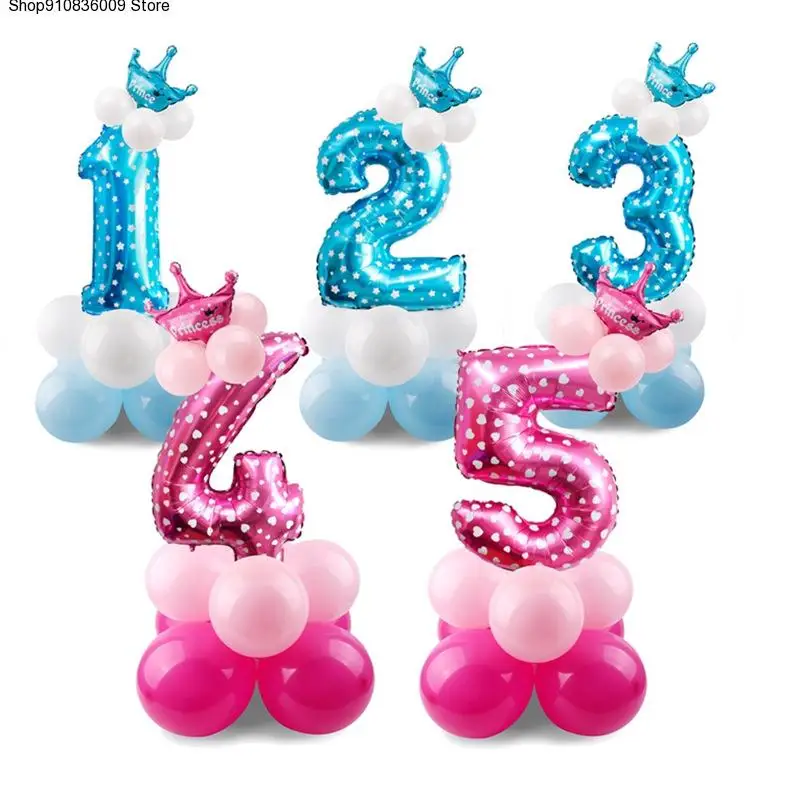 

1 set Blue Pink Foil Number Balloon Thicken Latex Air Ballons with Crown Anniversary Baby Shower Kids Birthday Party Decoration