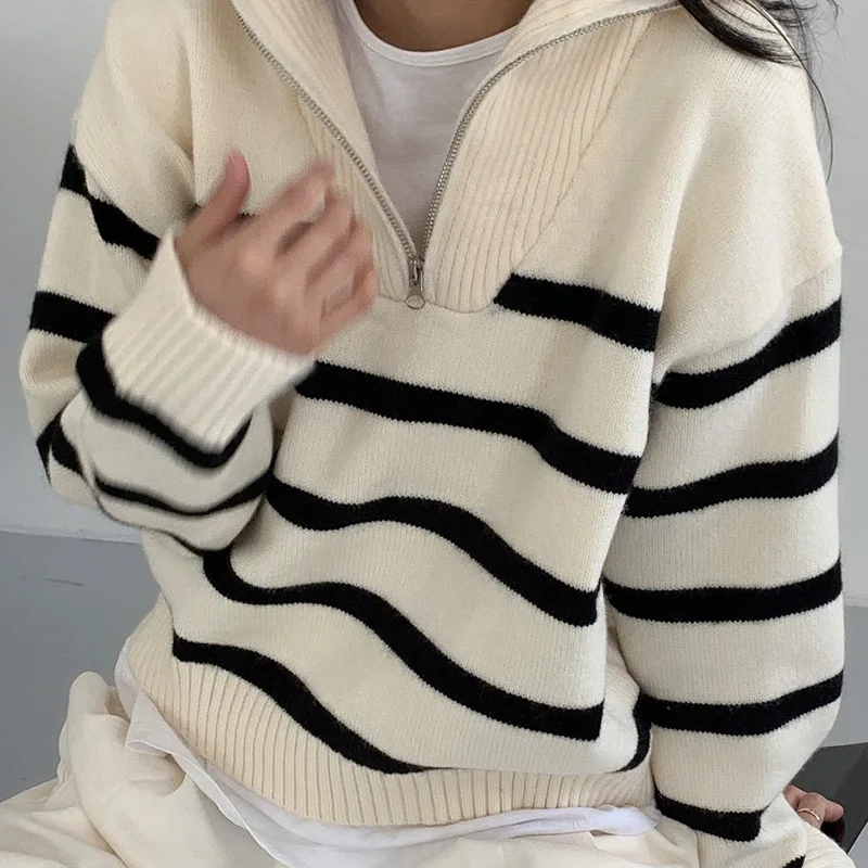 

Knitted Autumn Winter Sweaters For Women Casual Turn-down Collar Striped Patchwork Femme Pullover Chic Long Sleeve Woman Sweater