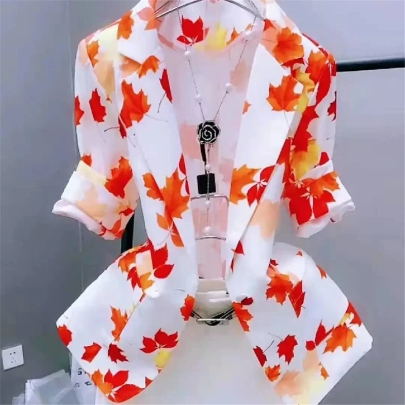 2023 Spring/Summer Fashion New Style Suit Collar 3/4 Sleeve Waist Wrapped Thin Printed Suit Coat Women's Trend H431