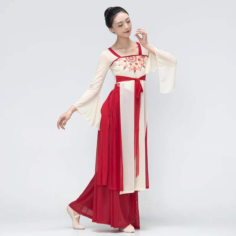 

Женское платье в китайском стиле Hanfu для классических танцев, платье из газовой ткани для тренировок, женское платье для фанатов народных танцев и представлений