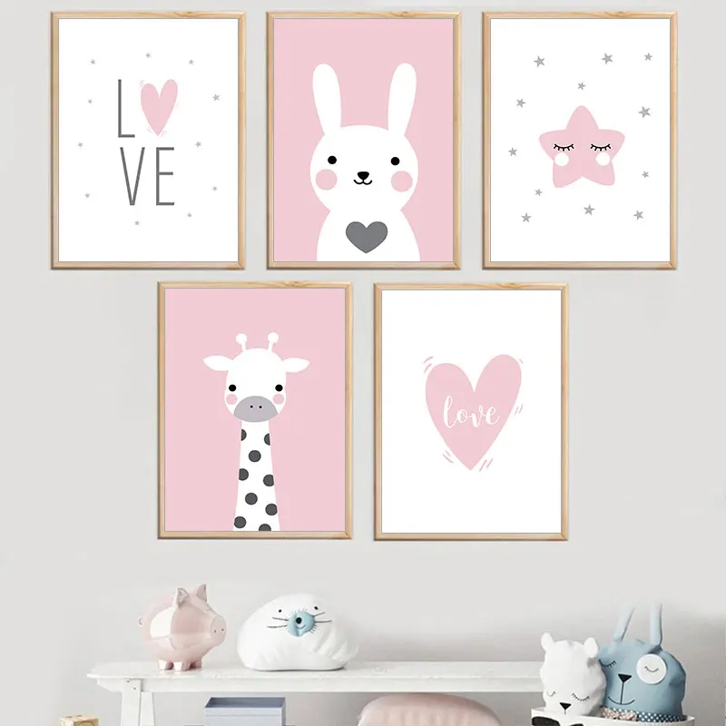 

Pink Cute Giraffe Rabbit Canvas Painting Prints Modern Decorative Poster for Children Room Nursery Home Decor Picture Wall Art