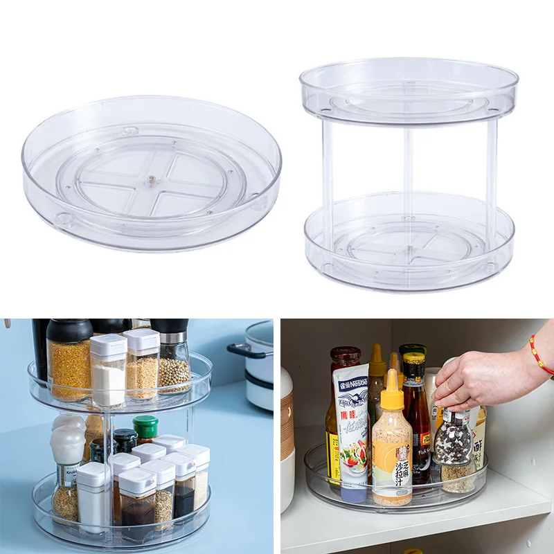 

360 Rotation Kitchen Spice Rack Cabinet Organizer Spice Condiment Turntable Transparent Rotatable Cosmetic Storage Rack 2 Layers