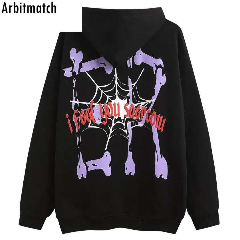 

Men Letter Spider Web Foam Printing Hoodies Y2K Retro Harajuku Oversized Long Sleeve Hip Hop Gothic Zip Up Loose Hooded Jackets