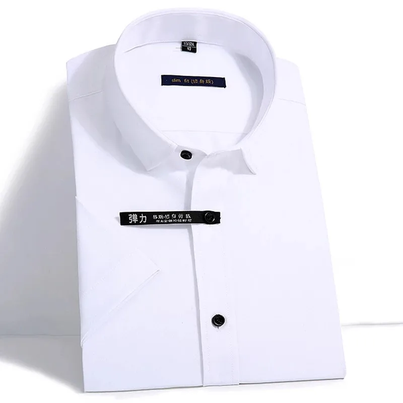 

Men's Bamboo Fiber Dress Shirts Slim Fit Solid Short Sleeve Causal Button Down Shirts Men Elastic Non Iron Easy Care Formal Shir