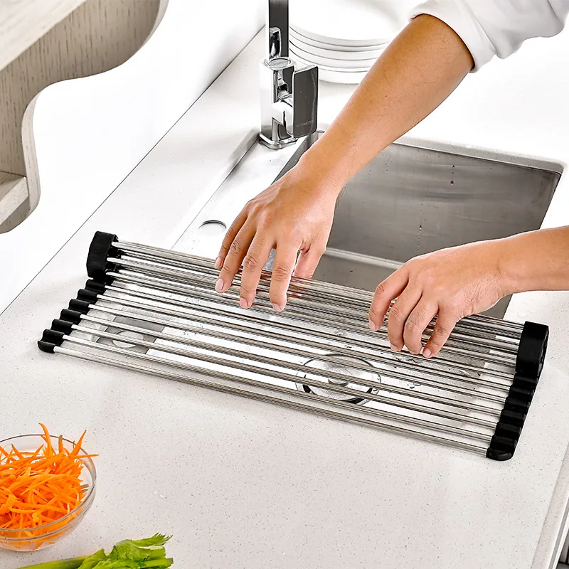 

2023 New 1Pcs 304 Stainless Steel Drain Pad Silicone Edge Foldable Sink Roll Curtain Kitchen Sink Shelf Water Leak Filter CW359