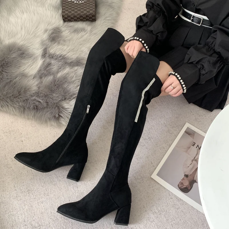 

Ladies Over Knee High Heels Chelsea Boots Crystal Faux Suede High Boots 2022 Winter Women's Shoes Sexy High Heels Botas Mujer