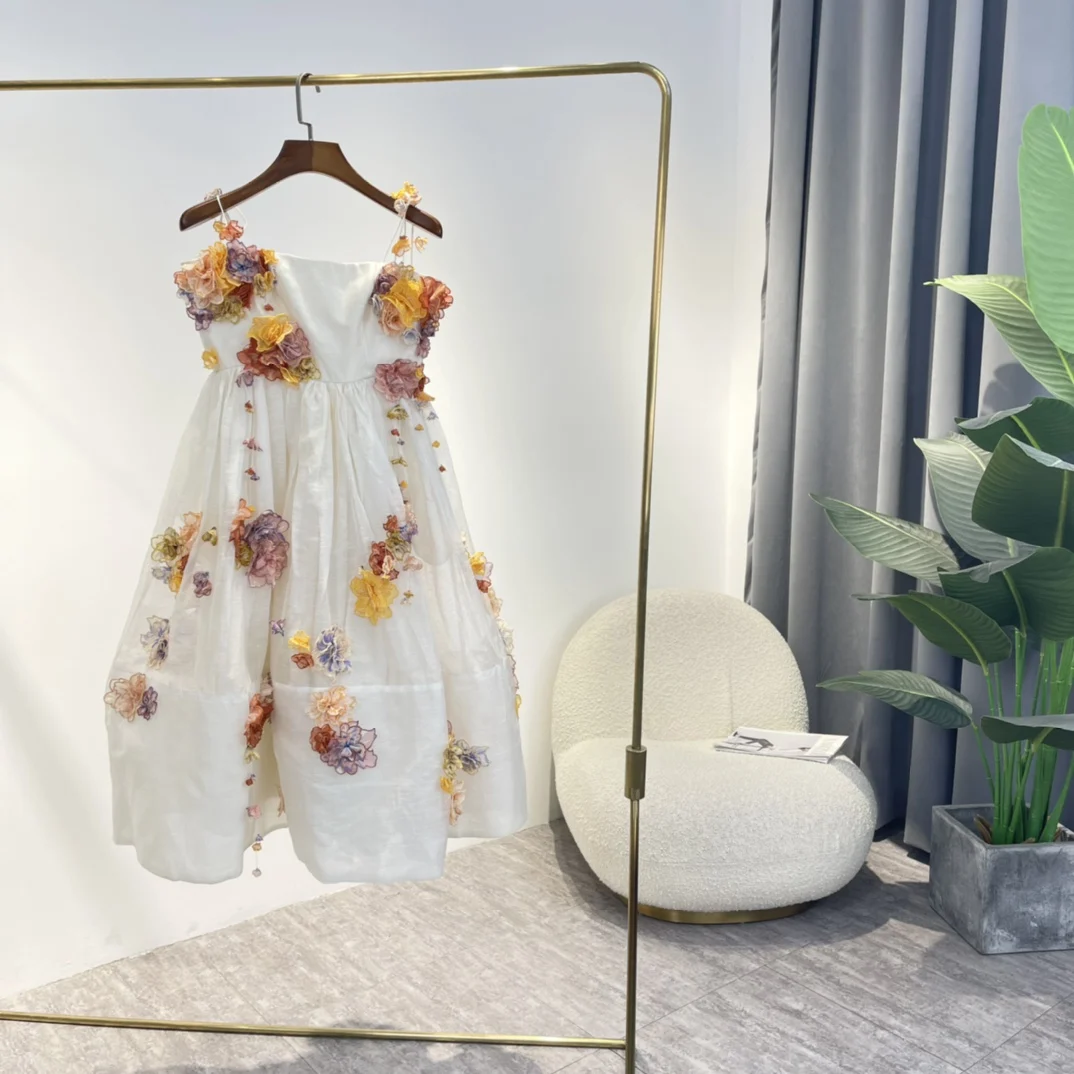 

Holiday Style Slip Straps Woman Summer Dress 2022 Top Quality Linen Silk Applique White Mid-calf A-line Clothing