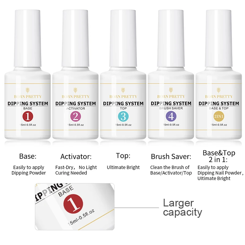 

BORN PRETTY Dipping Nail Powder System 15ml Base Top Activator Brush Saver Natural Dry Dipping Nail Power Dust Decoration Gel