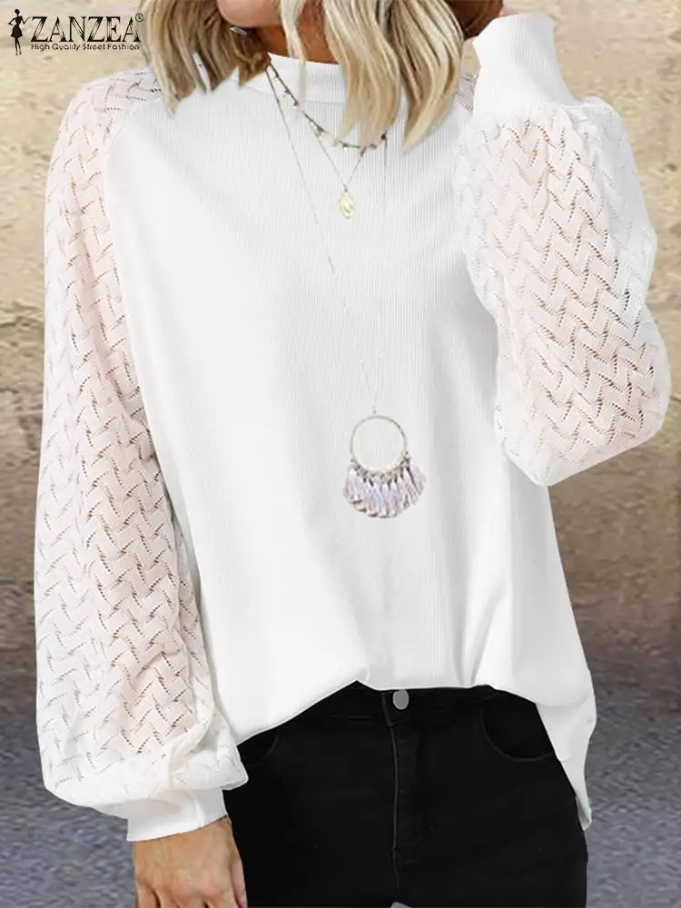 

Casual Oversized Long Sleeve Blusa Women Elegant Solid Tees ZANZEA Holiday O Neck T-Shirt 2022 Fashion White Lace Patchwork Tops