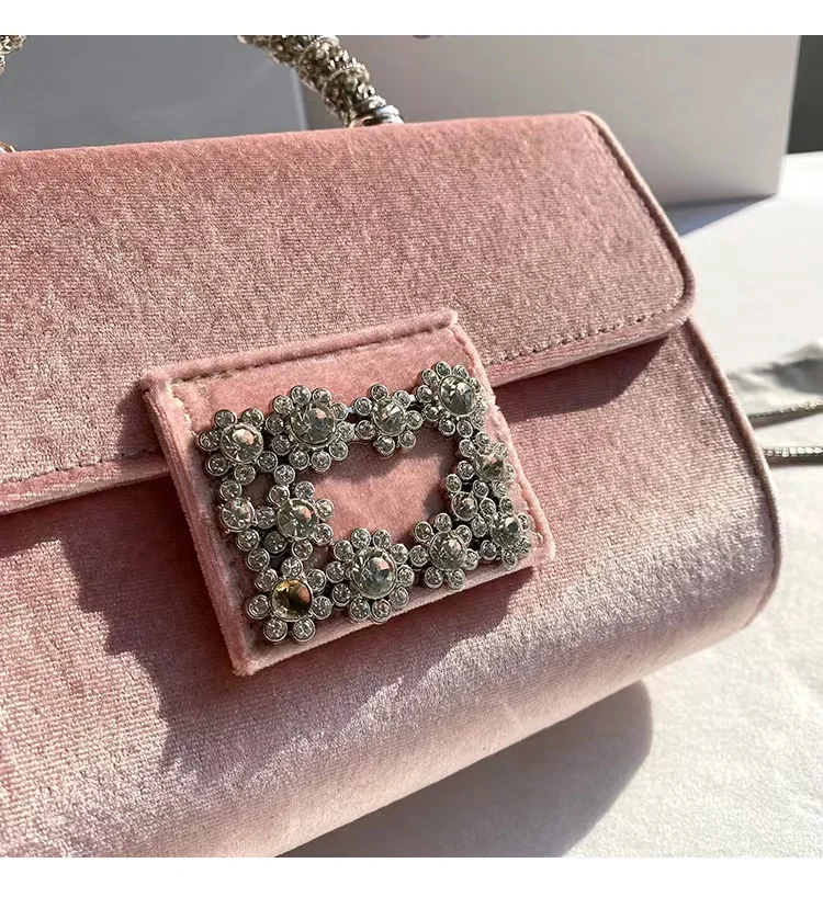 Luxury Designer Smooth Velvet Square Bag Women's Handbag Rhinestone Diamond Evening Bag Dinner Party Clutch Purse Messenger Bag