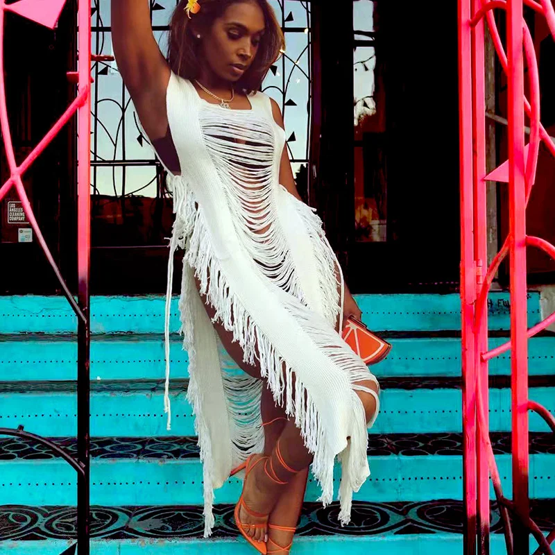 

Сексуальные женские платья с боковыми шнуровками и бахромой, женская одежда в готическом стиле, вязаное крючком длинное платье, Клубная одежда, накидки, Пляжное Платье