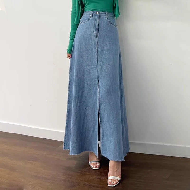 

SuperAen Korean Chic Style Summer Retro High Waisted Slit Skirt Raw Edge Washed Blue Long Denim Skirt for Women
