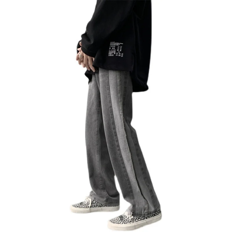 DEEPTOWN Patchwork Gray Jeans Men Casual Straight Denim Pants Streetwear Hip Hop Trousers Male Loose Vintage Fashion Spring