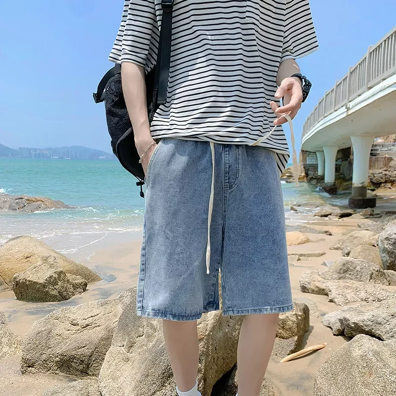 Summer New Drawstring Design Straight Short Jeans Men Korean Fashion Light Blue Baggy Wide-Leg Student Casual Denim Shorts