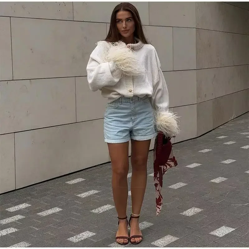 2025 вязаный кардиган в стиле пэчворк с перьями женский модный однобортный