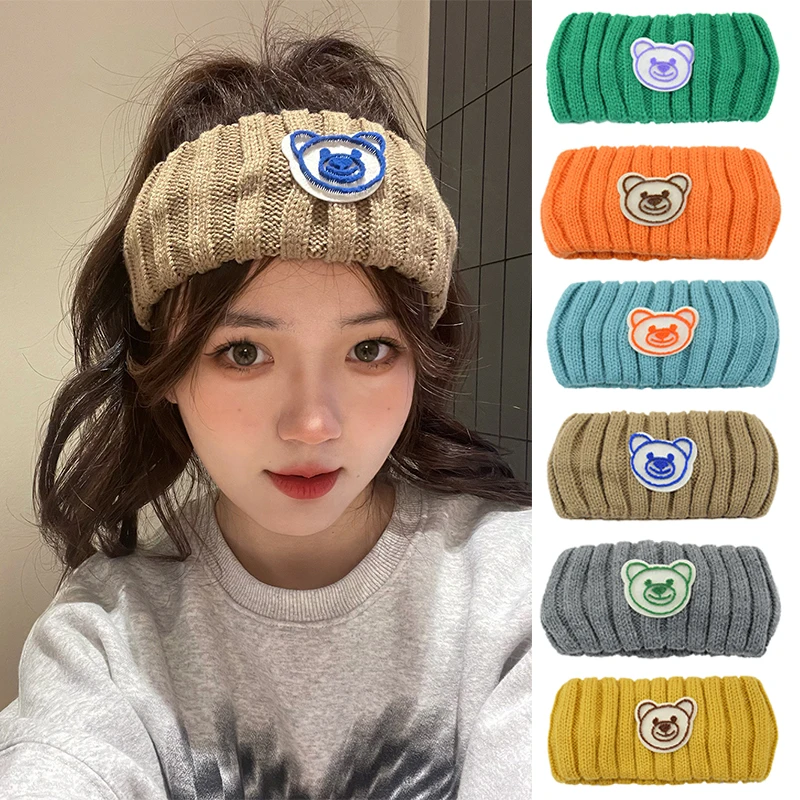 

Women knitted Headband Cute Bear Woolen Turban For Girls Wash Face elastic Hairbands Headwrap Hair Accessories