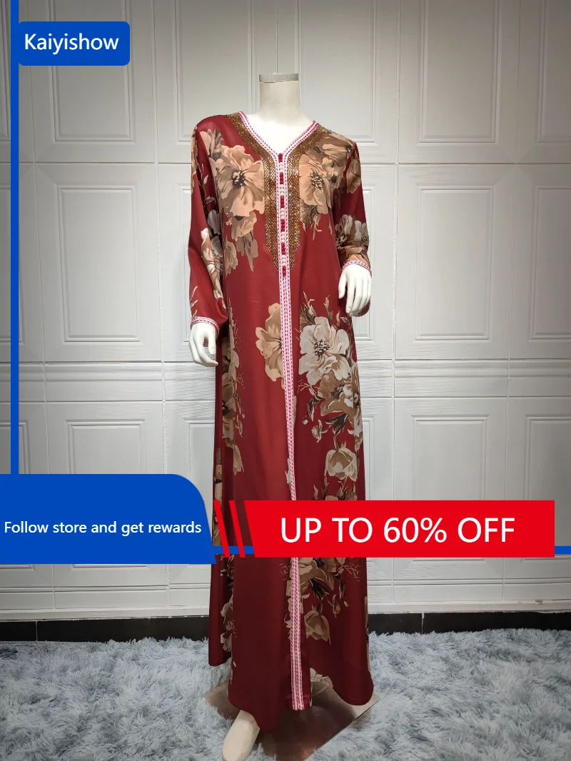 

New Middle East Dubai Abaya Robe Muslim Printing Diamonds Full Sleeves Women Arabic Evening Dresses فساتين إسلامية