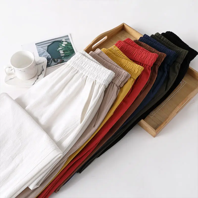 Harem Pants for Women Spring Summer 100% Cotton Linen Elastic Waist  Wide Pants Solid Loose Casual Mom Ankle-Length Trousers