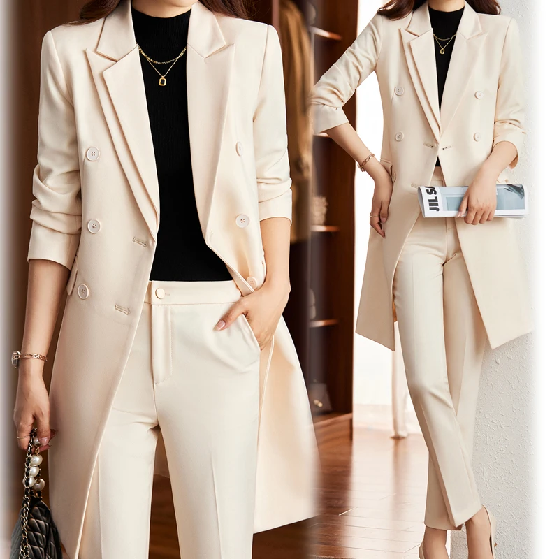 Khaki High Quality Autumn Winter Formal Ladies Lengthen Blazer Women Business Suits Work Wear Office Uniform  Pants Jacket Sets