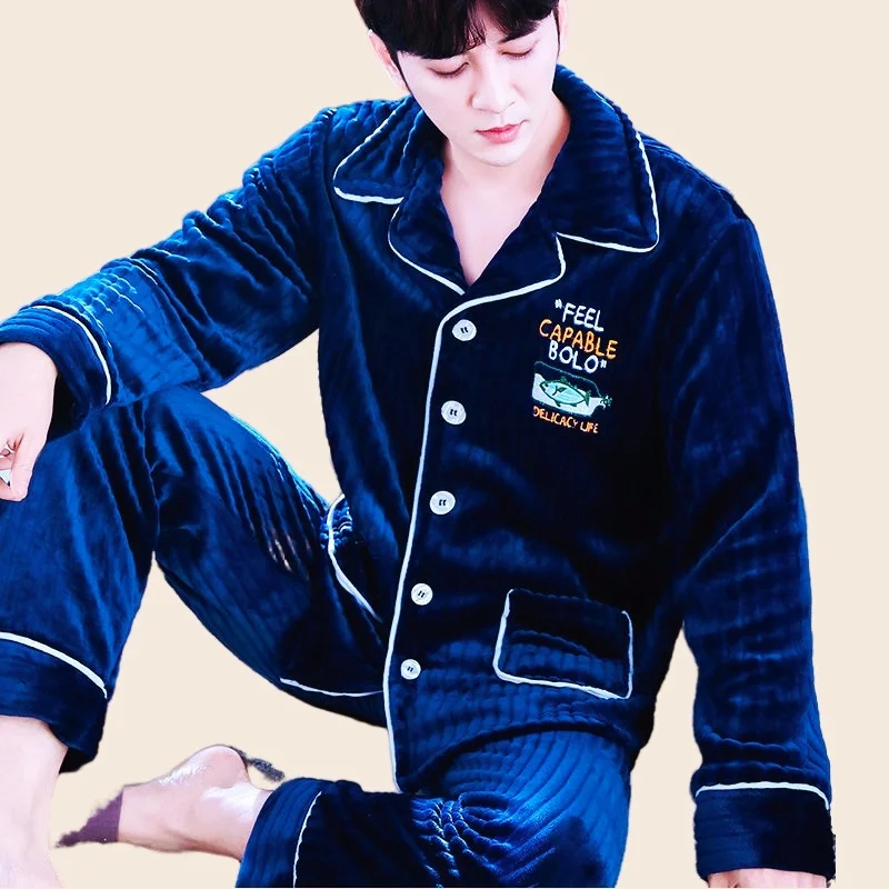 Men's Pajamas Set Full Sleeve T-shirt Long Pants 2Piece/Set Winter Sexy Stripe Pyjama Big Size Man Homewear Cozy Plus Sleepwear