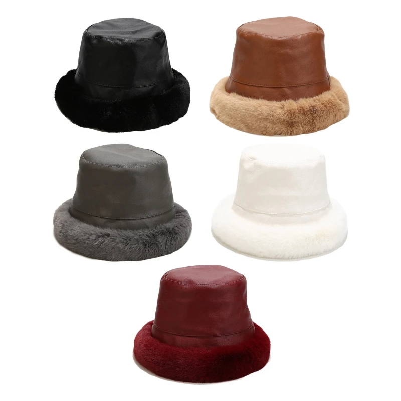 

Autumn Winter Bucket Hats Women Faux Leather Panama Hat Thick Warm Plush Fisherman for Girl Crimping Basin Hat