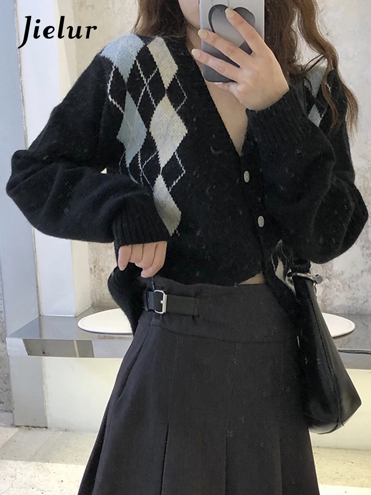 Jielur Вязаный свитер в ромбическую клетку новый корейский модный осенний