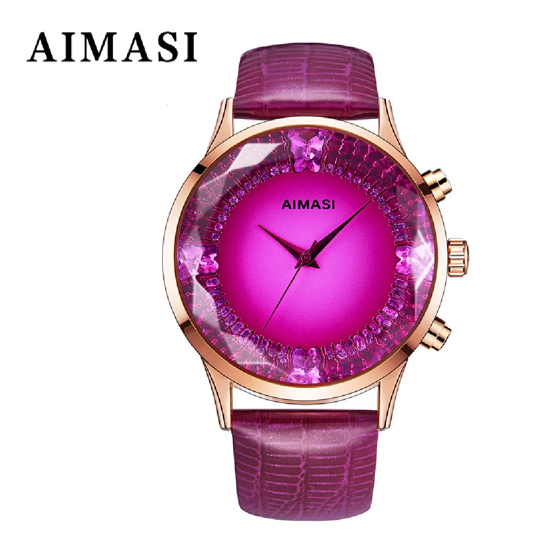 AIMASI Brand Rhinestone Crystal Watch Glass multicolour Genuine leather belt Fashion Personality big dial Dial wristwatches