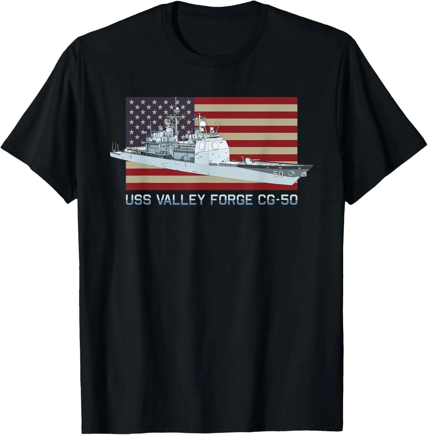 Футболка USS Valley Forge CG-50 со схемой корабля с американским флагом