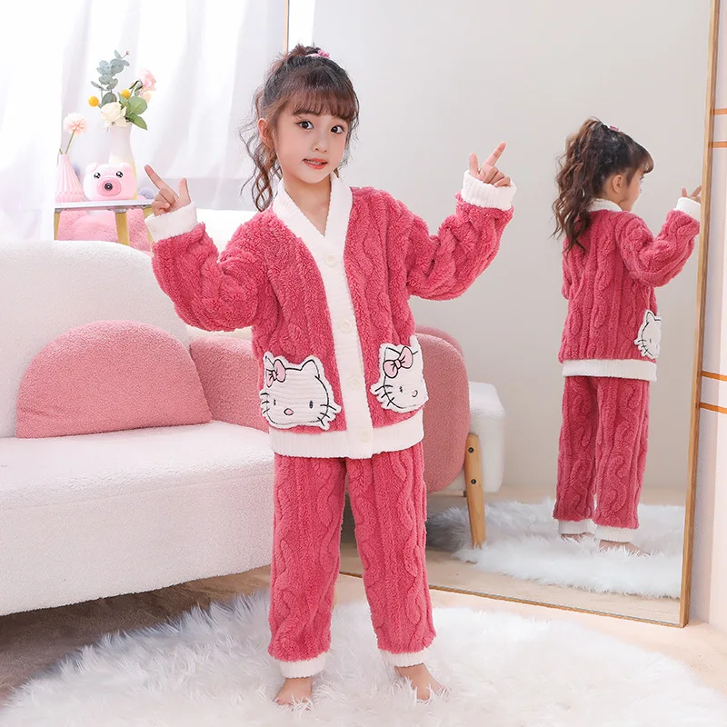 

Sanrioshello Kittys Kuromi Cinnamoroll Children's Pajamas Kawaii Winter Cute Princess Style Girls Homewear Long-Sleeved Set