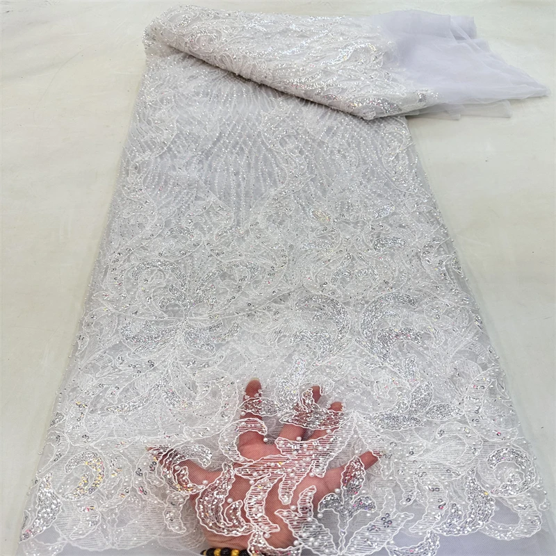 

2023 Luxury Sequin Lace Fabric With Pearl Latest African mesh Tulle Lace Fabrics African Lace Fabric tube Beads For Sewing