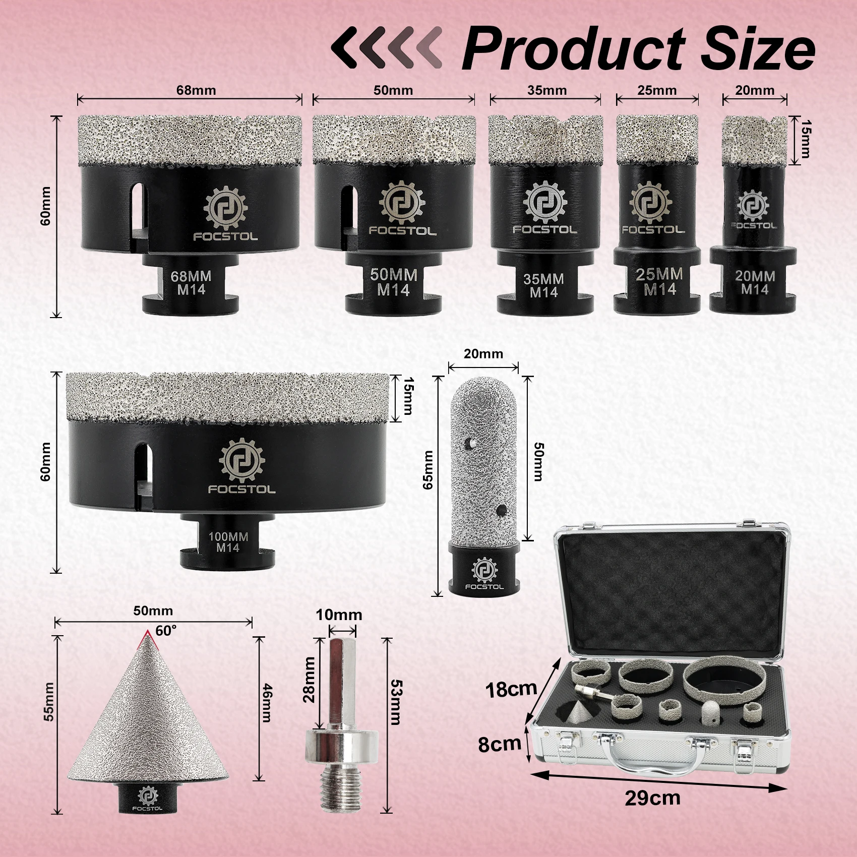 Алмазные сверла FOCSTOL, 9 шт., диаметр 20-100 мм, коронки, фаска для керамической керамической плитки, фреза, кольцевая пила, корончатое сверло