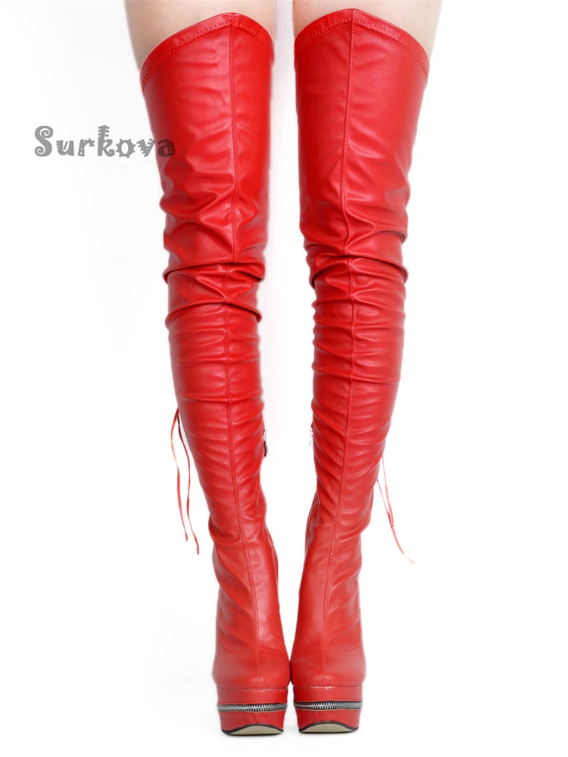 Red Over The Knee Boots Round Toe Thin High Heels Fashion Shoes Back Zipper Tassel Platform Metal Decoration Thigh High Boots
