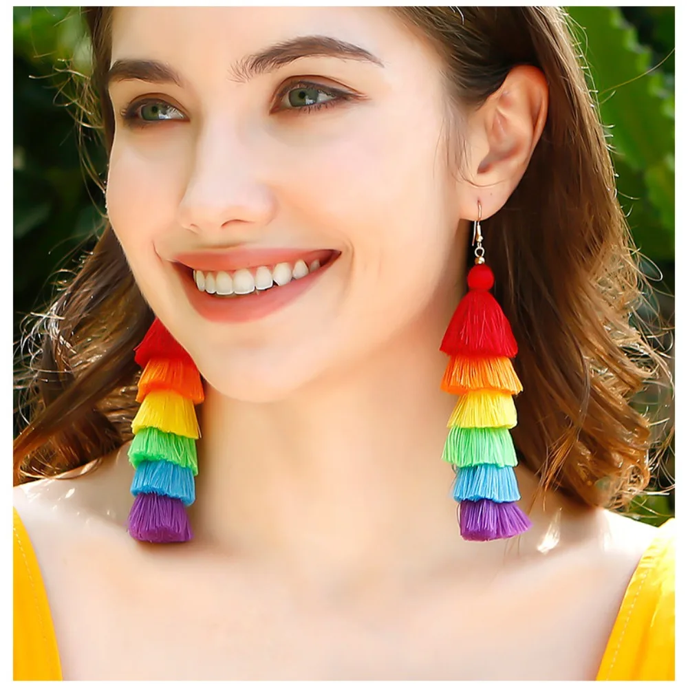 

Bohemian Layered Tassel Earrings Colorful Rainbow Earrings Long Braid Dangle Earrings for Women Parade Accessories