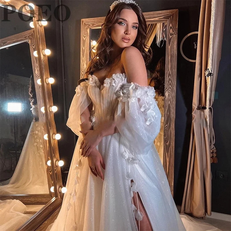 Exquisite Wedding Dresses For Women Sweetheart Half Puff Sleeve Appliques Bridal Dress A-LINE Floor-Length Court Robe De Mariée