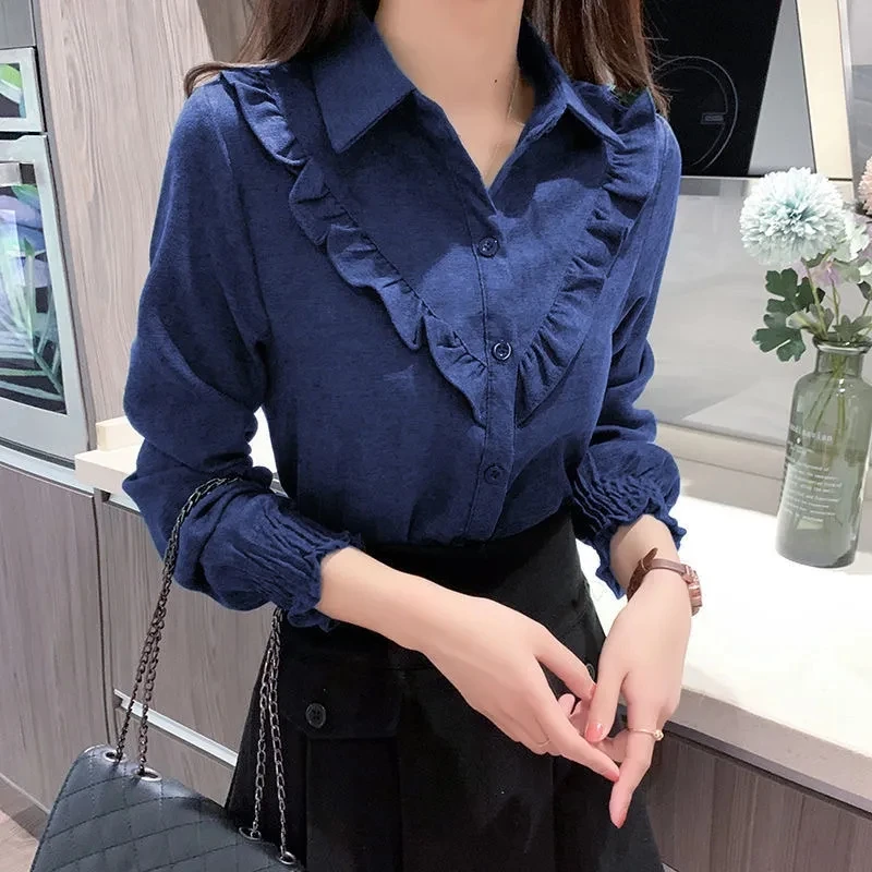 

Female Fashion Profession Office Lady Shirt Elegant Splicing Polo-Neck Lantern Sleeve Spring Autumn Women Clothing Casual Blouse