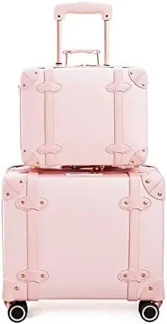 

Винтажный и милый чемодан для ручной клади с колесами и замком TSA, кожаный чемодан для багажника, Дорожный комплект для багажа в стиле ретро (розовый, 18 дюймов и 14i