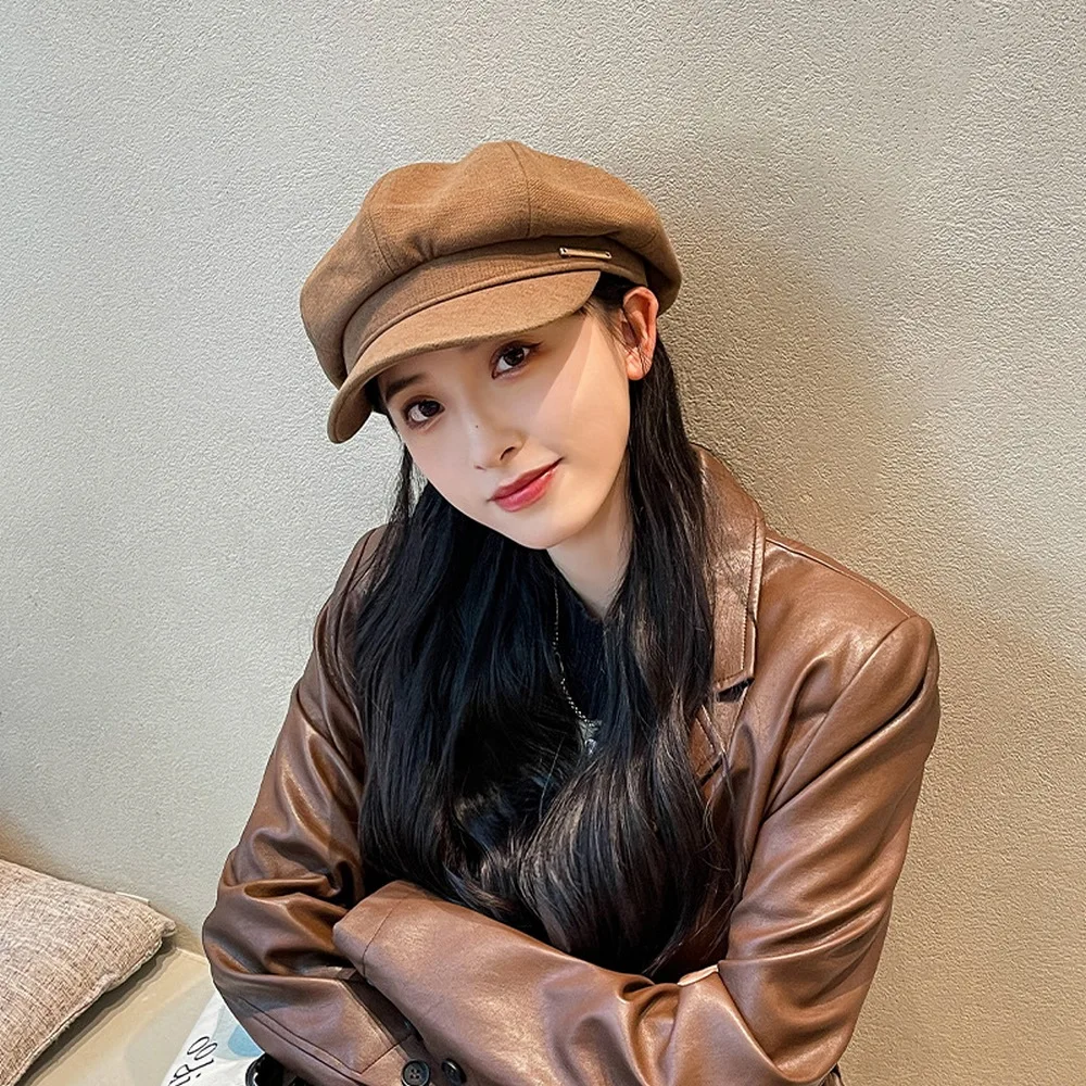 

Female Four Seasons Octagonal Hat Newsboy Caps Cotton 56-58cm Women Beret With Visor Solid Color Curved Brim Japanese Style