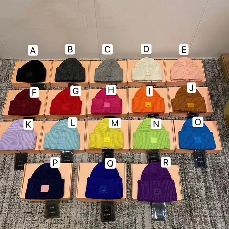 

2023 Fashion Acne Studios Men Women Winter Hats Face Patch Knit Beanie Wools Smile Matching AC Hat Multicolor Thermal Beanies