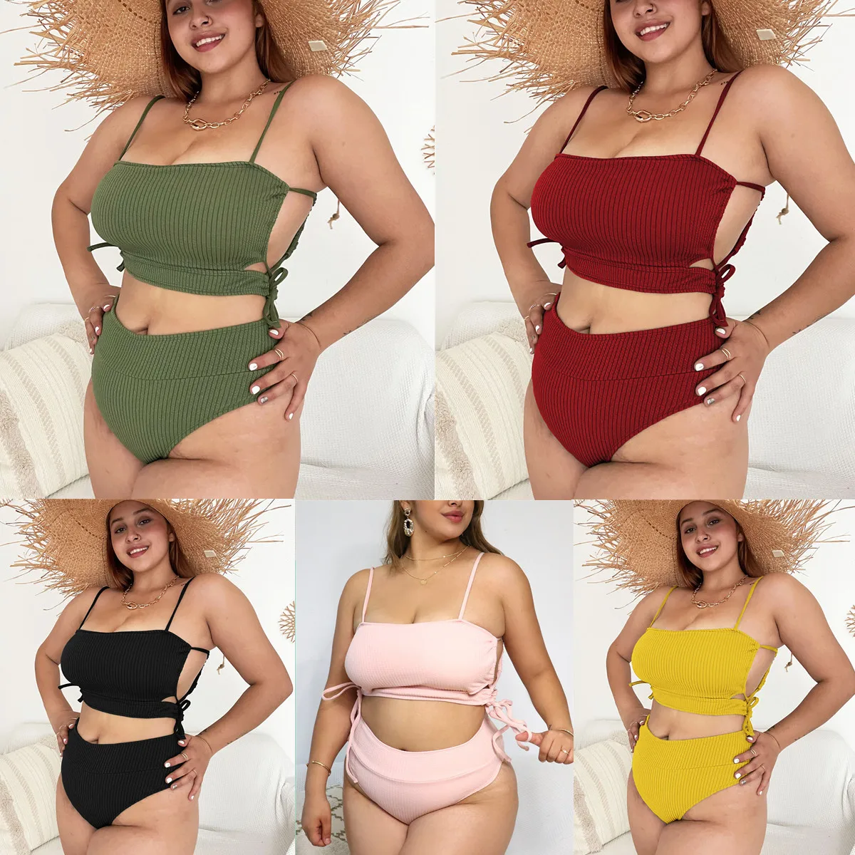 

New Solid Color Strap High Waist Sexy Fashion Bikini Set for Women Pit Stripe Fabric Womens Swimsuit