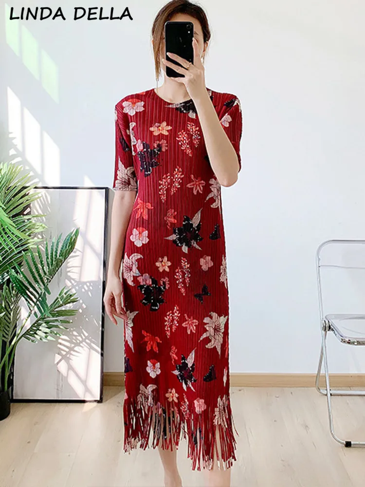 

Женское платье с цветочным принтом LINDA DELLA, подиумное винтажное повседневное свободное Плиссированное длинное платье с круглым вырезом и коротким рукавом, с кисточками, лето 2019