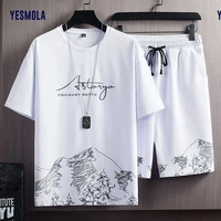yesmola summer mens tracksuit 2 piece set fashion casual short sleeved t shirt and shorts sport suit breathable man clothing