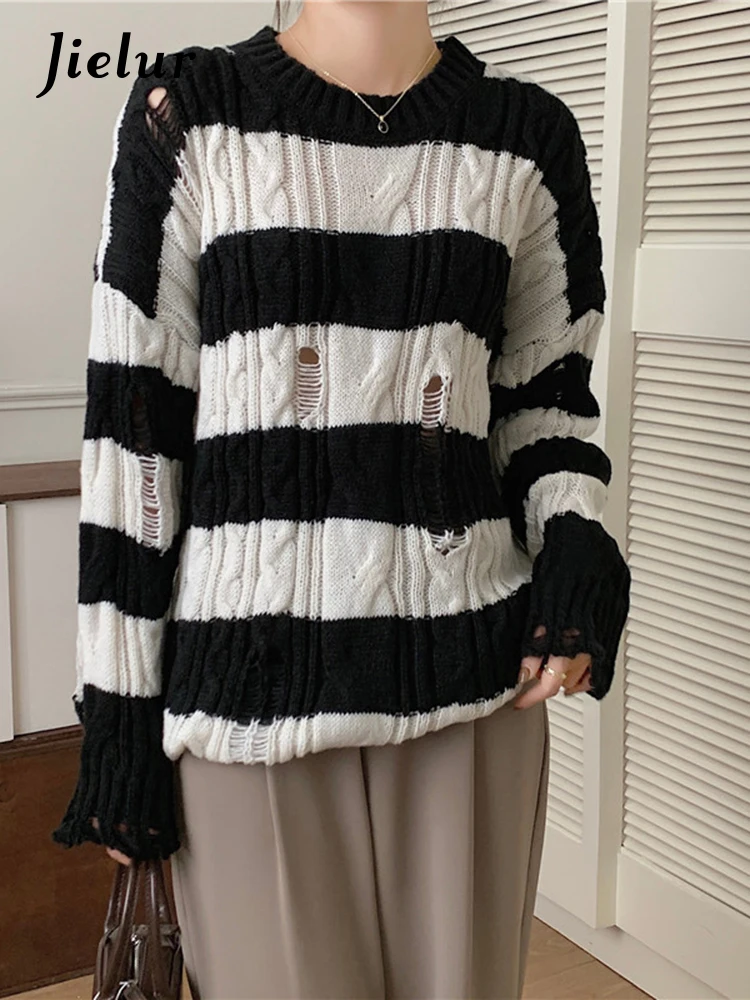 Jielur Женский вязаный свитер Свободный пуловер кофейного цвета с круглым вырезом и