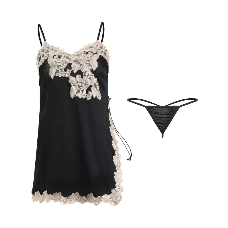 

Sexy Lingerie Erotic Underwear Set Women's Erotic Underwear Nightie Deep V Satin Stitching Lace Side Split Seductive Suspend